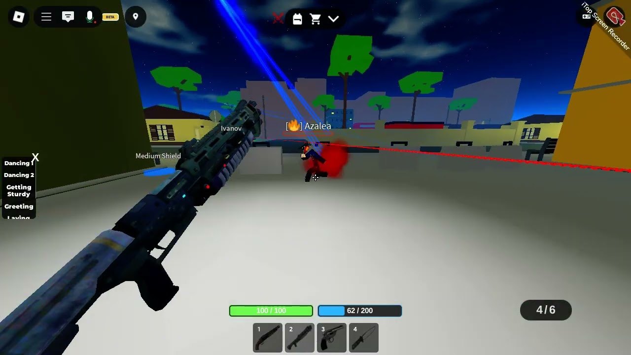 Combat shotgun à la première personne dans Dan FFA la nuit, avec HUD de vie, munitions et loadout